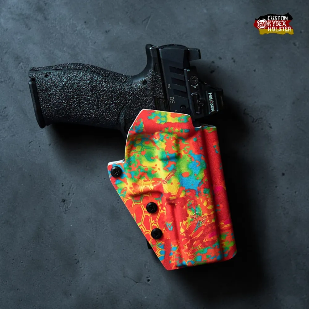 Preview: Gear Maniacs ALPHA OWB Kydex Holster im Kryptek Obskura Loki Design für die Walther PDP inklusive Holosun Rotpunkt-Optik.