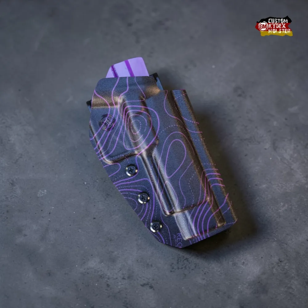 in passgenaues GM Alpha OWB Kydex Holster für die Canik Rival SFx Pistole im Recon Aurora Purple Camouflage Muster, Optics Ready Ausführung. Geeignet für das sportliche Schießen.