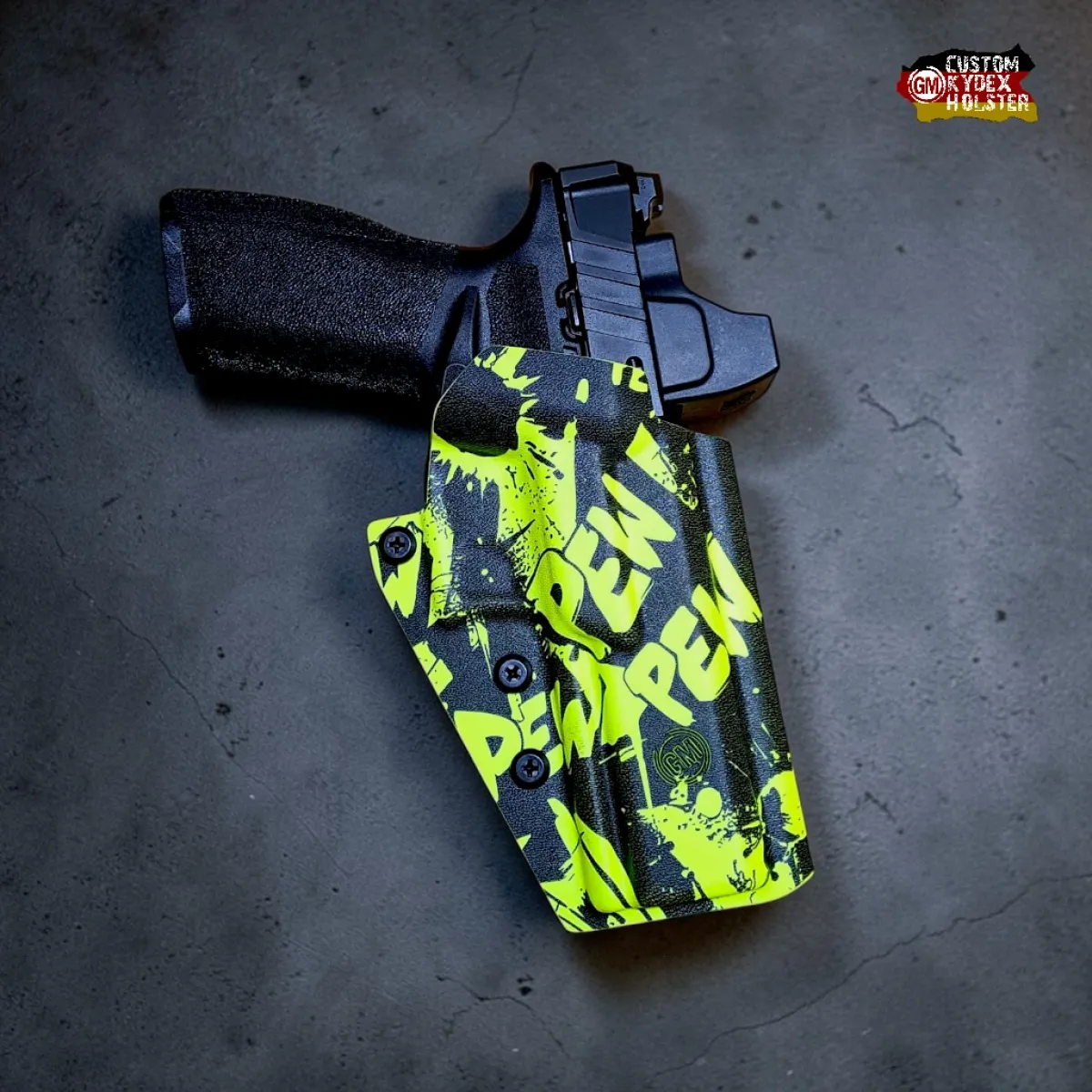 Custom GM ALPHA OWB Kydex Holster für Springfield Echelon 4.5" im auffälligen Pew Pew Zitrus Design – Optic Ready & passgenau.