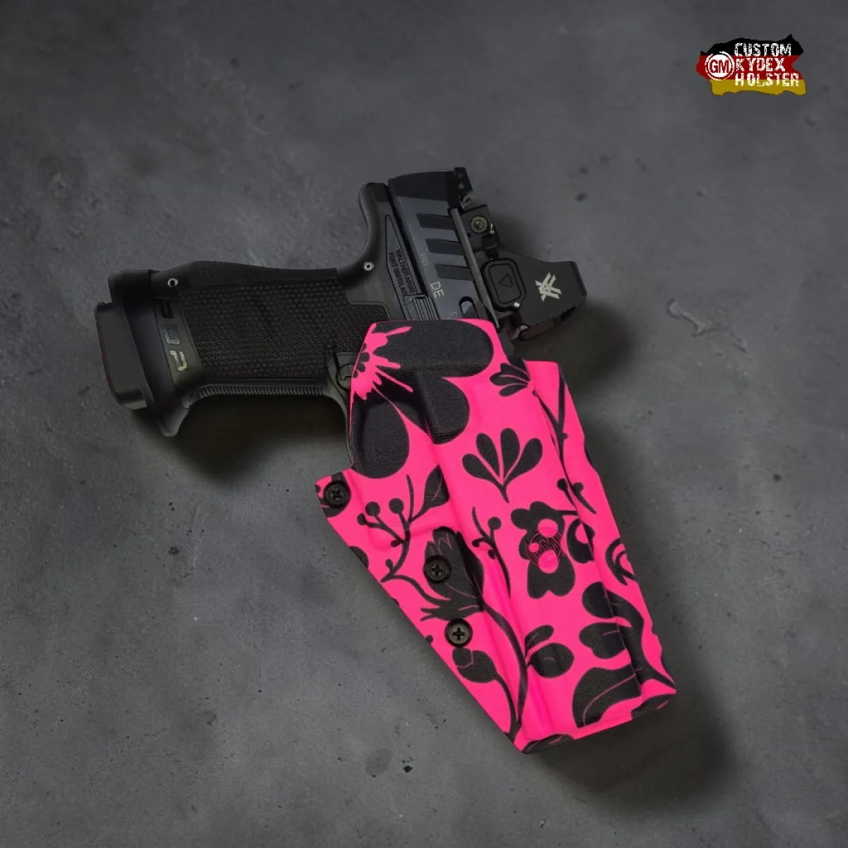 Extravagantes GM ALPHA OWB Kydex Holster im Flower Pink Design für Walther PDP 4.6 PRO SD. Optic Ready & perfekt passgenau für Rotpunktvisiere.
