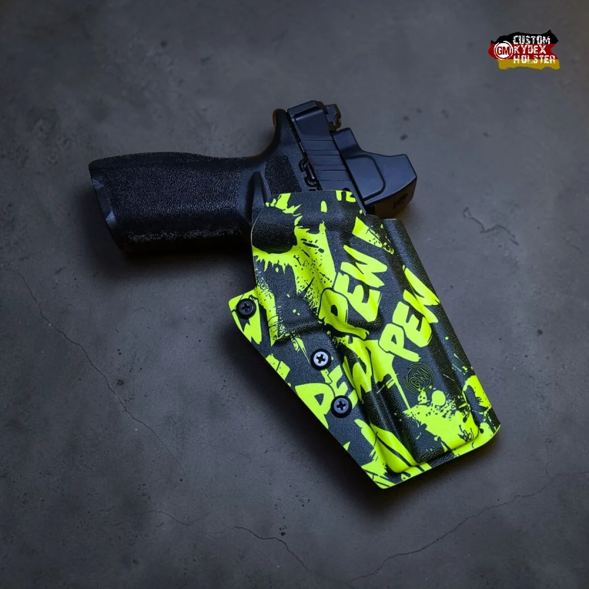 Robustes GM Alpha OWB Kydex Holster für Springfield Armory Echelon (4" & 4.5"), Design PEW PEW PEW Citrus (Neon Gelb/Schwarz), Optics Ready für Rotpunktvisiere.