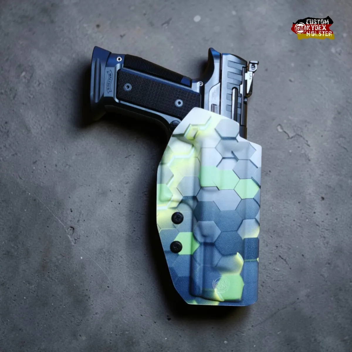 GM ALPHA OWB Kydex Holster für Walther Q5 Steel Frame (SF) im 3D Hexcam Design – Maßgefertigtes Sport-Holster für maximale Präzision, optics ready und extrem robust.