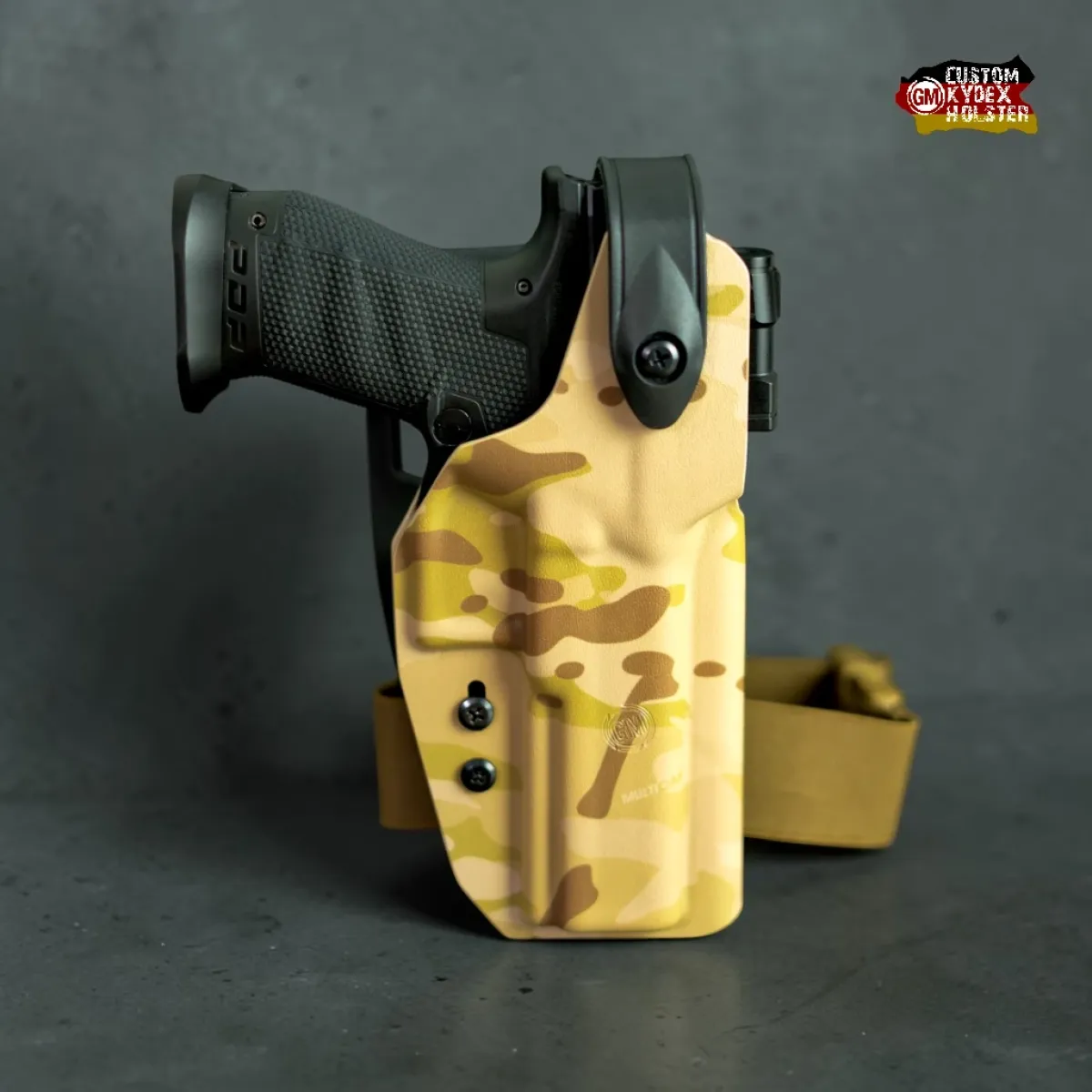GM DUTY OWB Kydex Holster LVL 2 GEN2 für Walther PDP in Multicam Arid, optics ready – Professionelles Dienstholster mit zusätzlicher Sicherung.